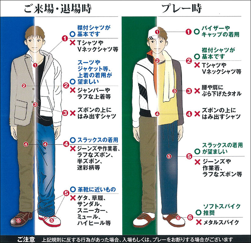 ご来場・退場時の服装について・プレー時の服装について
